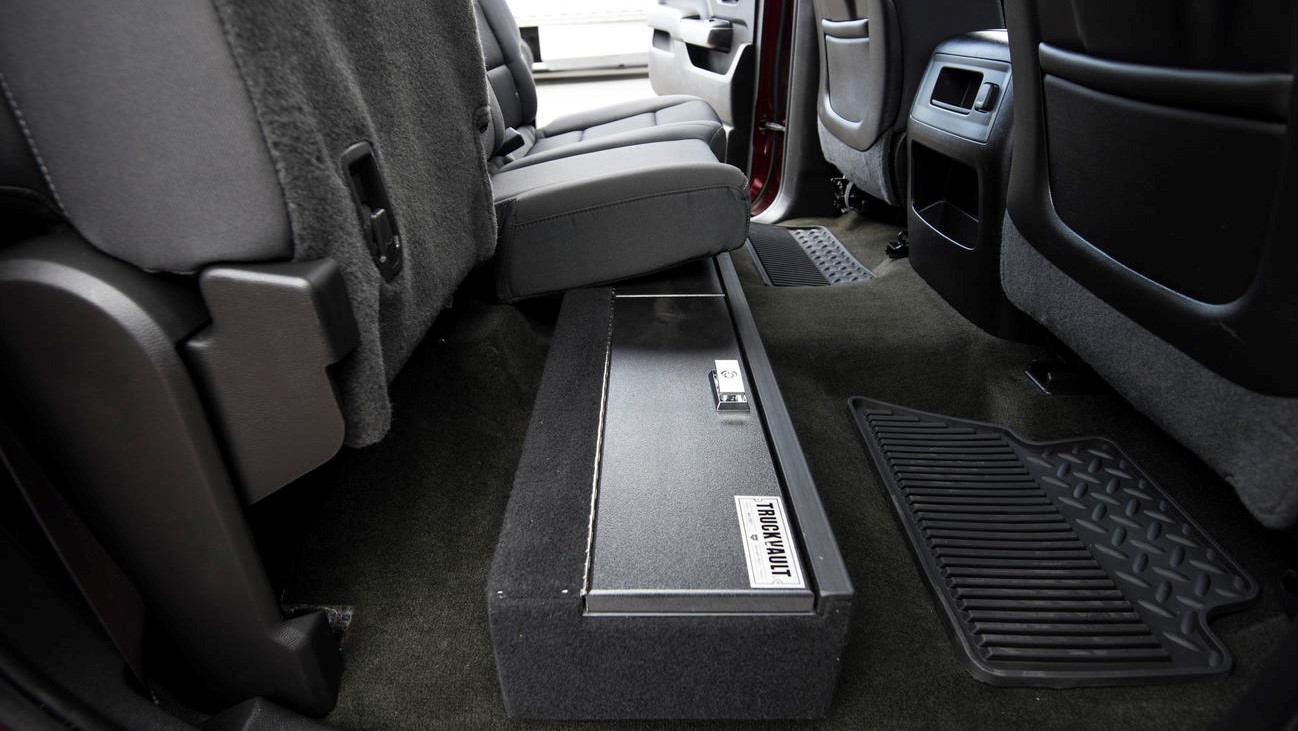 A Chevy Silverado with a SeatVault installed in the cab.