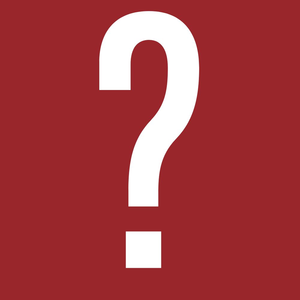 Large white question mark on branded red background