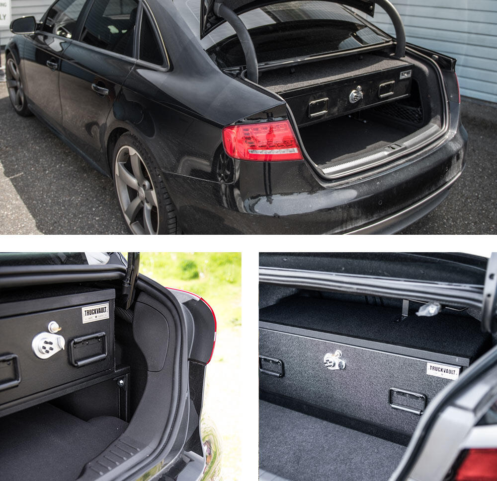 Collage showing sedan options for TruckVault secure storage solutions for sedans