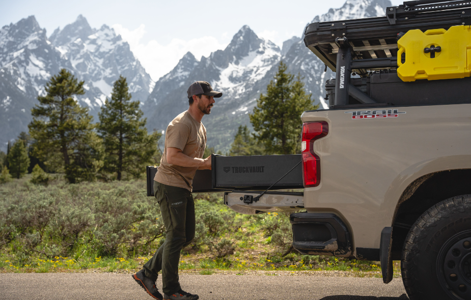 2023 Chevrolet Silverado 1500 All-Weather Offset TruckVault Drawers Side View with man pushing drawer closed