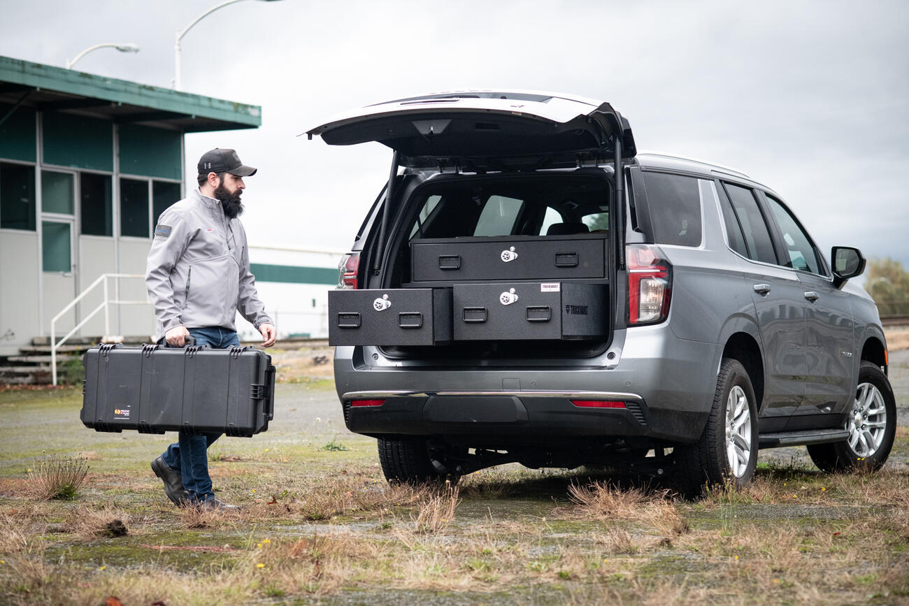 2021 Chevy Tahoe with an Investigator TruckVault secure storage system.