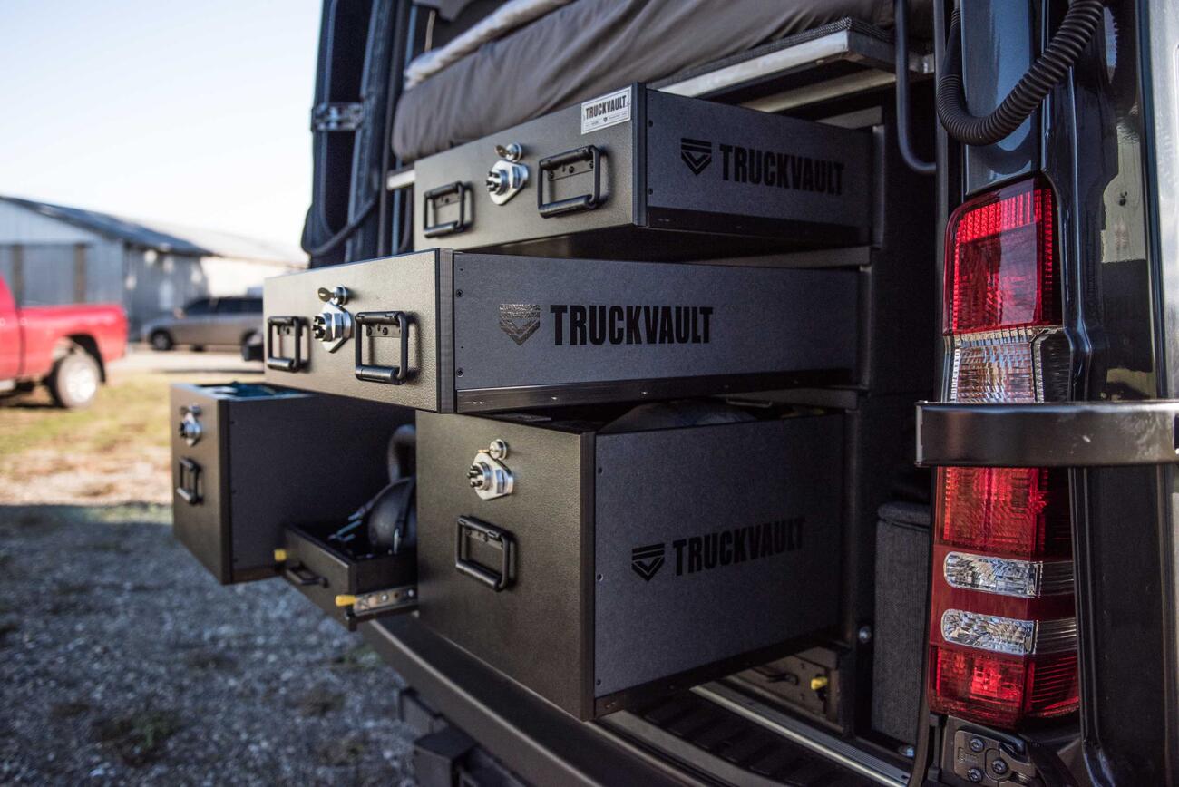 A custom TruckVault secure storage system in a Mercedes Sprinter