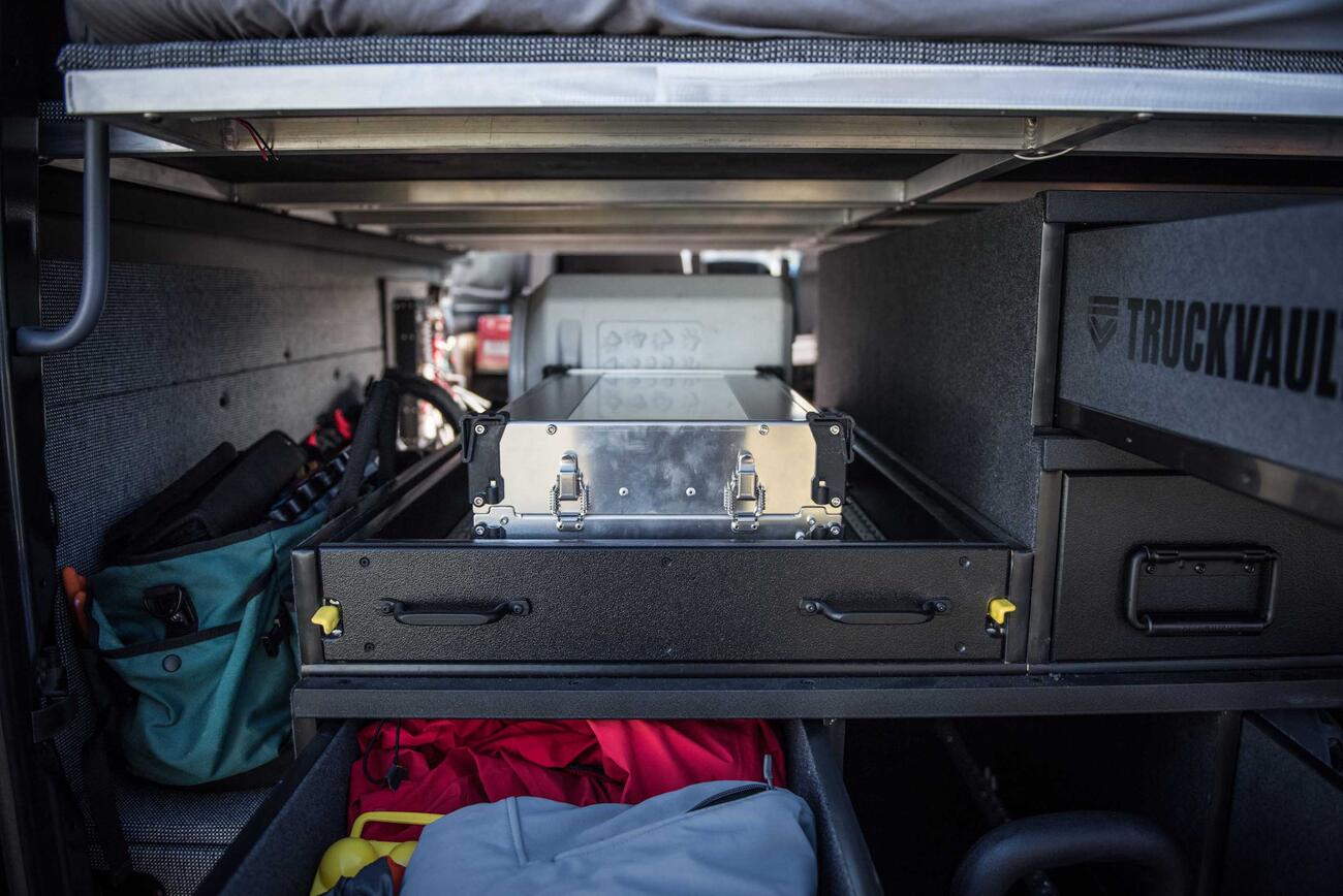 A custom TruckVault drawer in a Mercedes Sprinter.