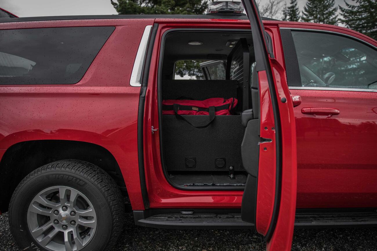 The inside of a fire department Chevy Suburban with a custom TruckVault