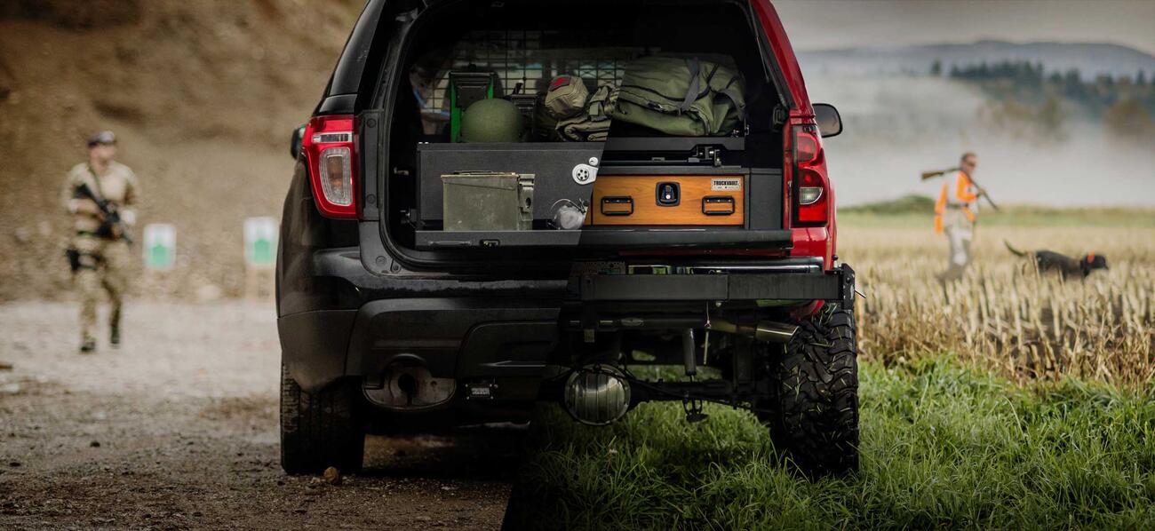 Two photos spliced together. One of a soldier and his TruckVault and one of a hunter and his TruckVault.
