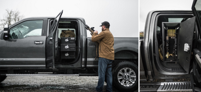 Two side by side photos of a TruckVault custom SeatVault in the cab of a truck.