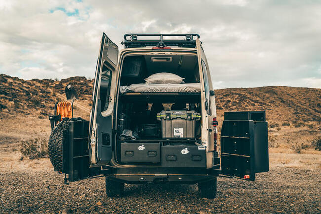 A Mercedes Sprinter used for overlanding with a TruckVault system installed.