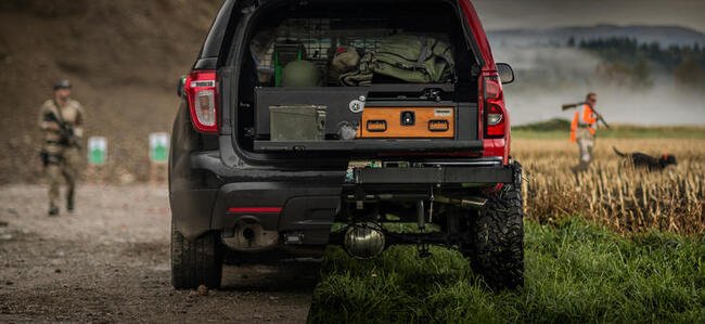 A split photo of 2 vehicles with TruckVaults in the back, one in a military setting and the other in a hunting setting.