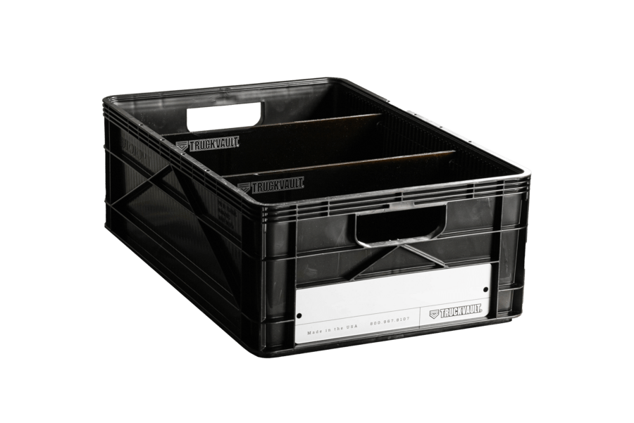 TruckVault branded SIDO crate shown empty with two dividers separating the space in the crate evenly