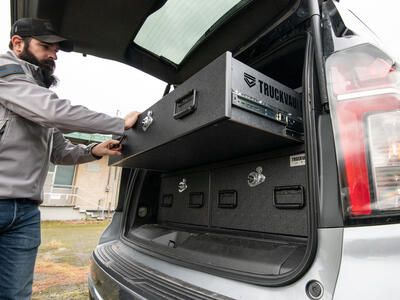 2021 Chevy Tahoe with a TruckVault secure drawer system.