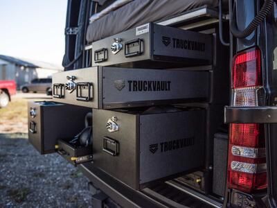 A custom TruckVault secure storage system in a Mercedes Sprinter