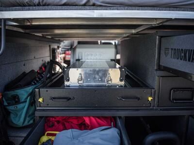 A custom TruckVault drawer in a Mercedes Sprinter.