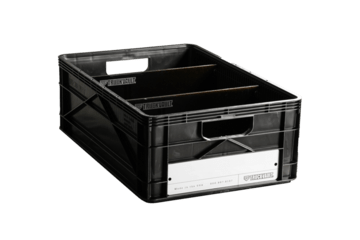 TruckVault branded SIDO crate shown empty with two dividers separating the space in the crate evenly